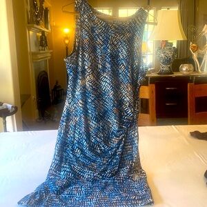 Nic+Zoe beautifully draped blues and cream sleeveless dress. Business or casual